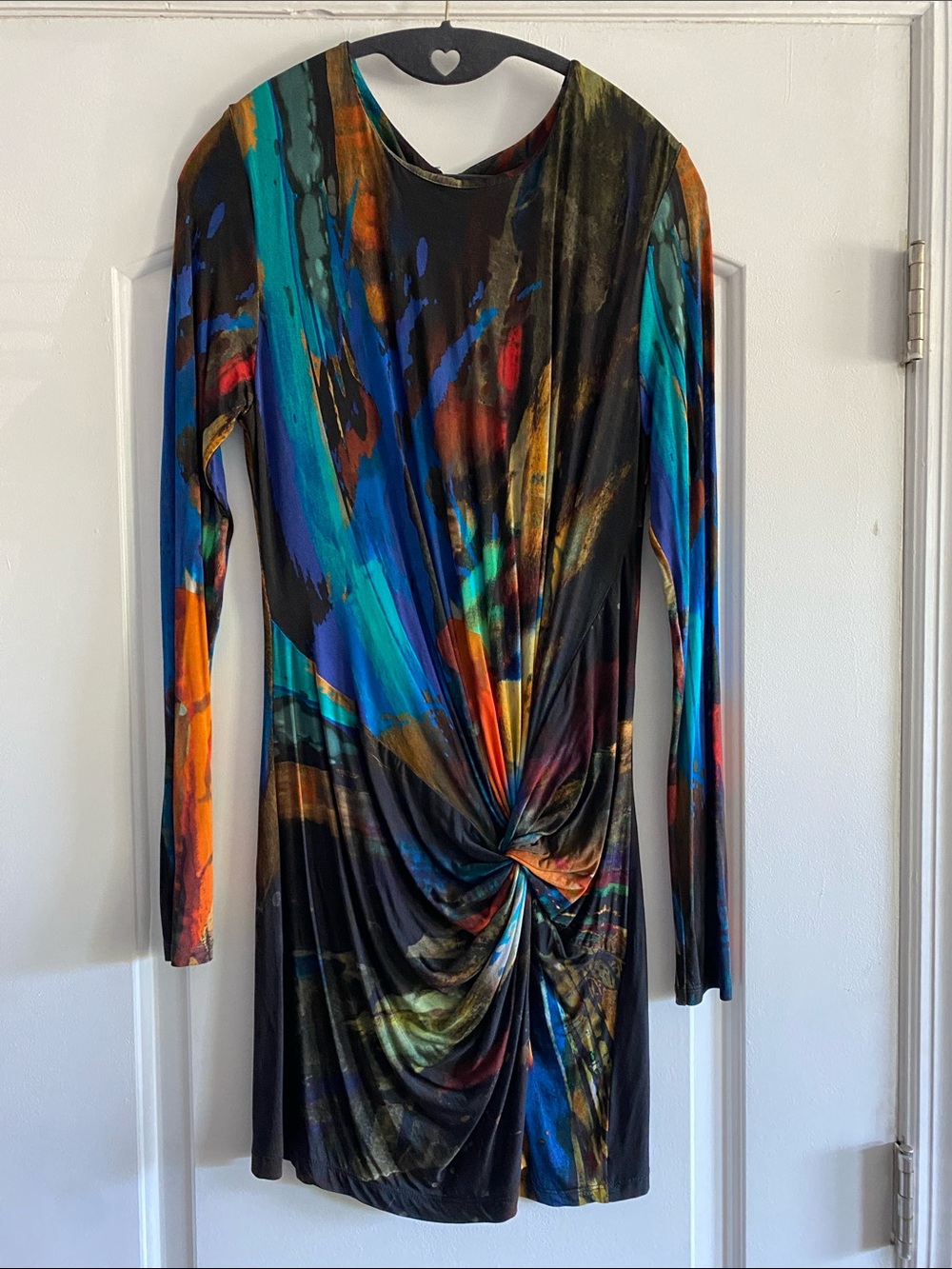 Ted Baker London Abstract Black Multicolor Twist-Front Long Sleeve Dress